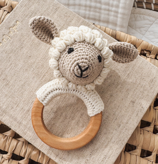 Organic Baby Teething Ring Rattle | Sheep Lamb