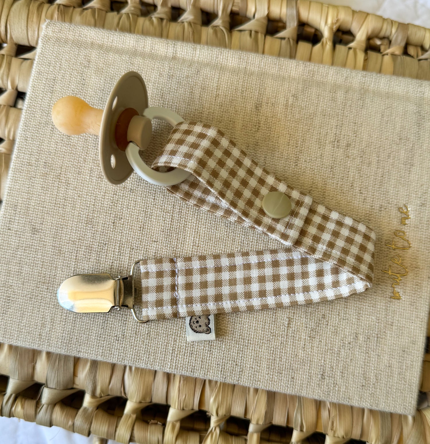 Handmade baby dummy clip chocolate brown mini gingham fabric