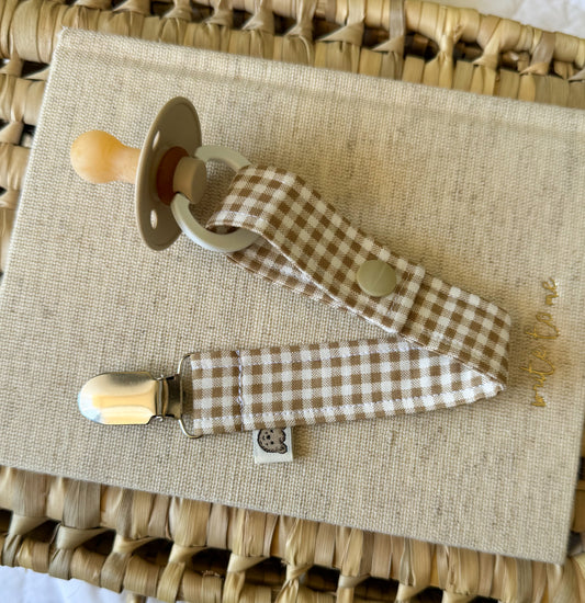 Handmade baby dummy clip chocolate brown mini gingham fabric