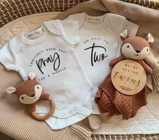 Twin baby announcement onesies (includes 2) - Pray for a miracle, God gives you two