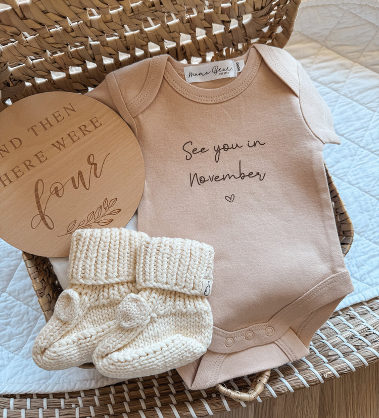 Beige Baby Announcement Onesie | See you in month