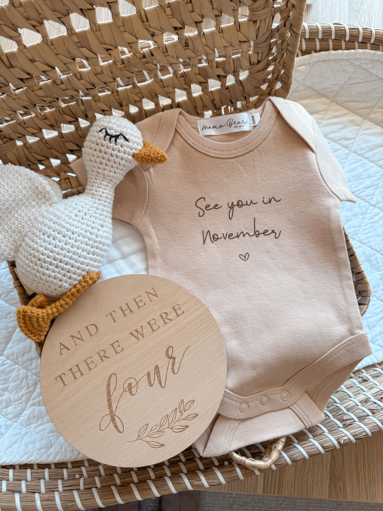 Beige Baby Announcement Onesie | See you in month