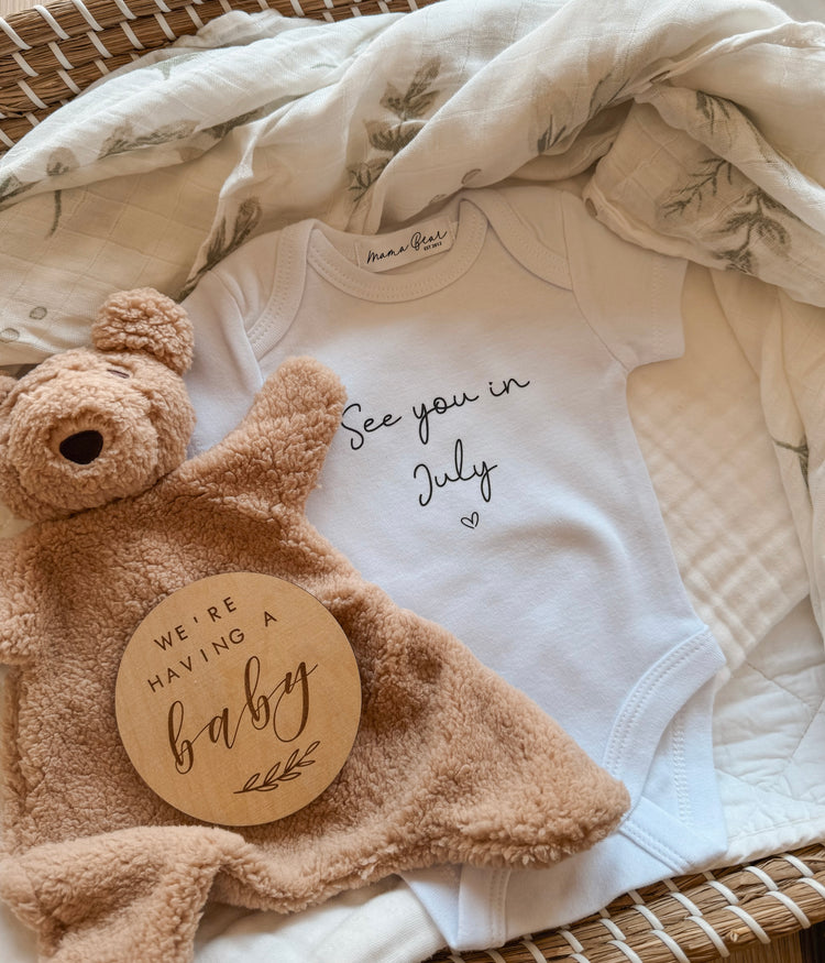 Surprise Pregnancy Announcement Baby Onesie | See you in month