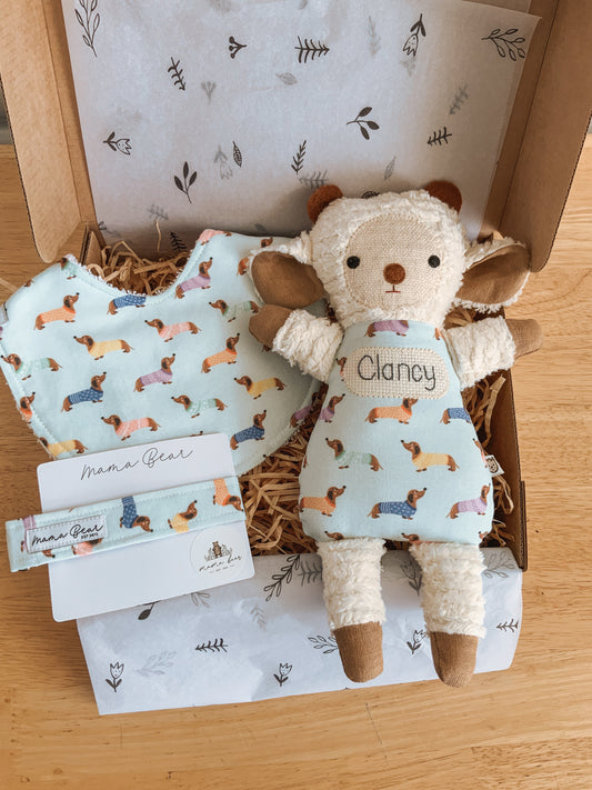 Personalised Baby Giftbox - Chenille Lamb - Pale Blue Sausage Dogs