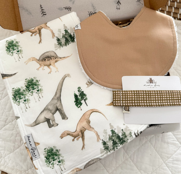 A baby gift set featuring a dinosaur theme burp cloth and a beige bib, olive mini gingham dummy clip.