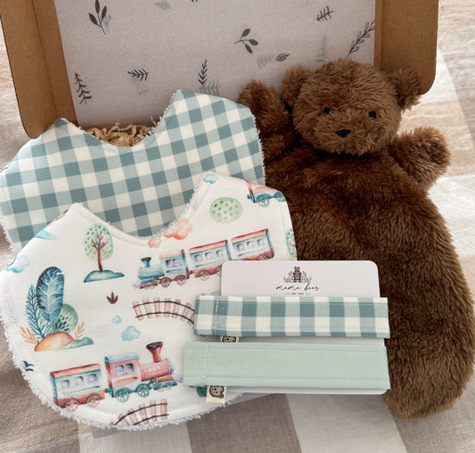 Baby Boy Blue Gift Box | Train Bib & Bear Toy