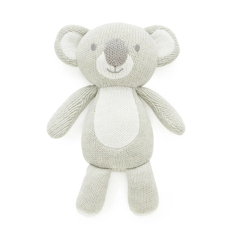 Knitted toy koala on a white background
