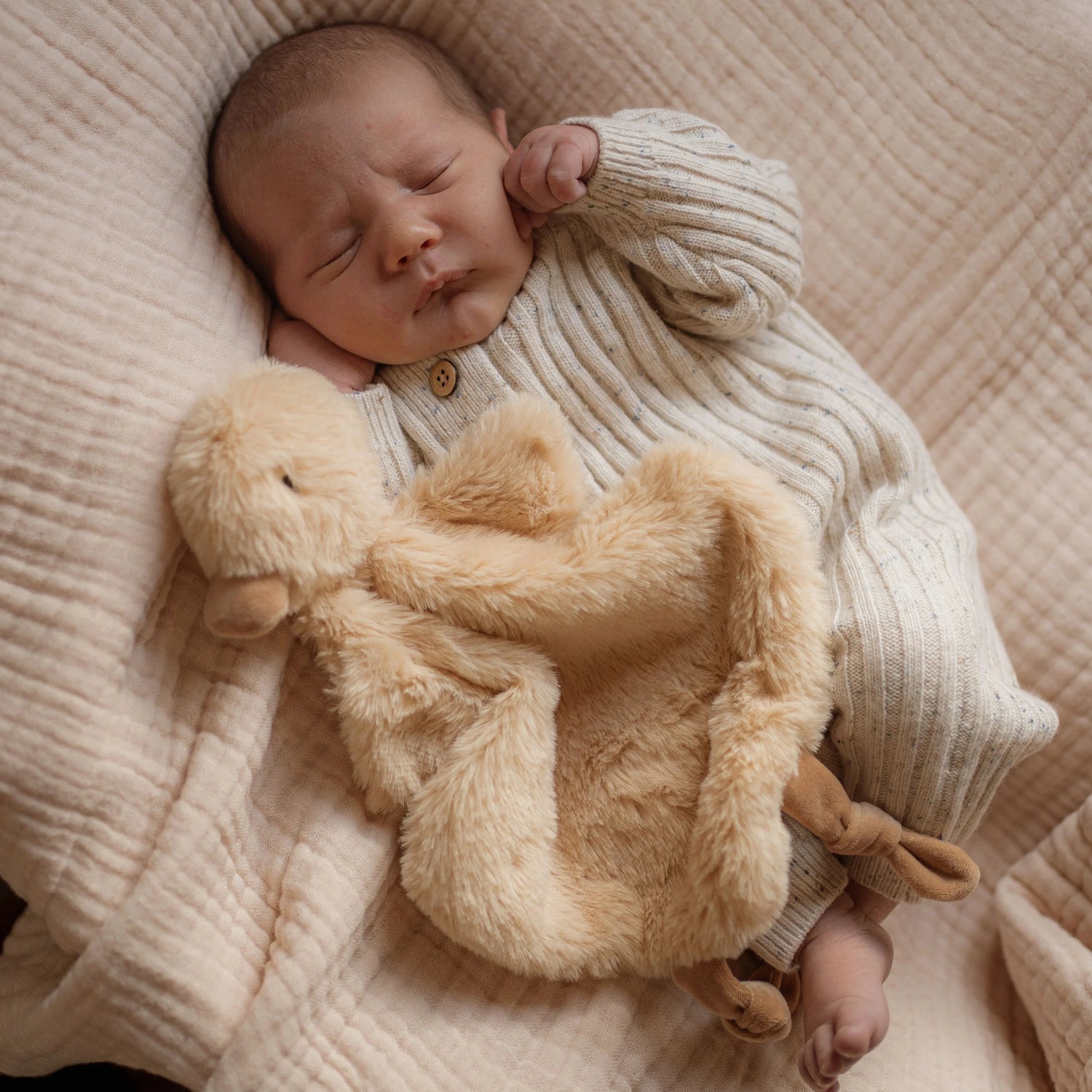 Newborn baby sleeping with a plush toy on a soft surface