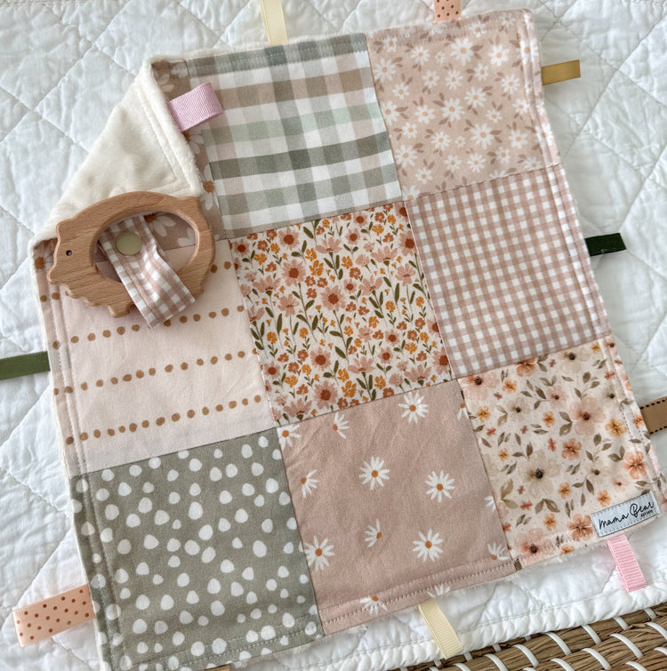 Baby Girl Gift Sensory Taggie Blankie | Muted Floral & Wooden Pig Teether