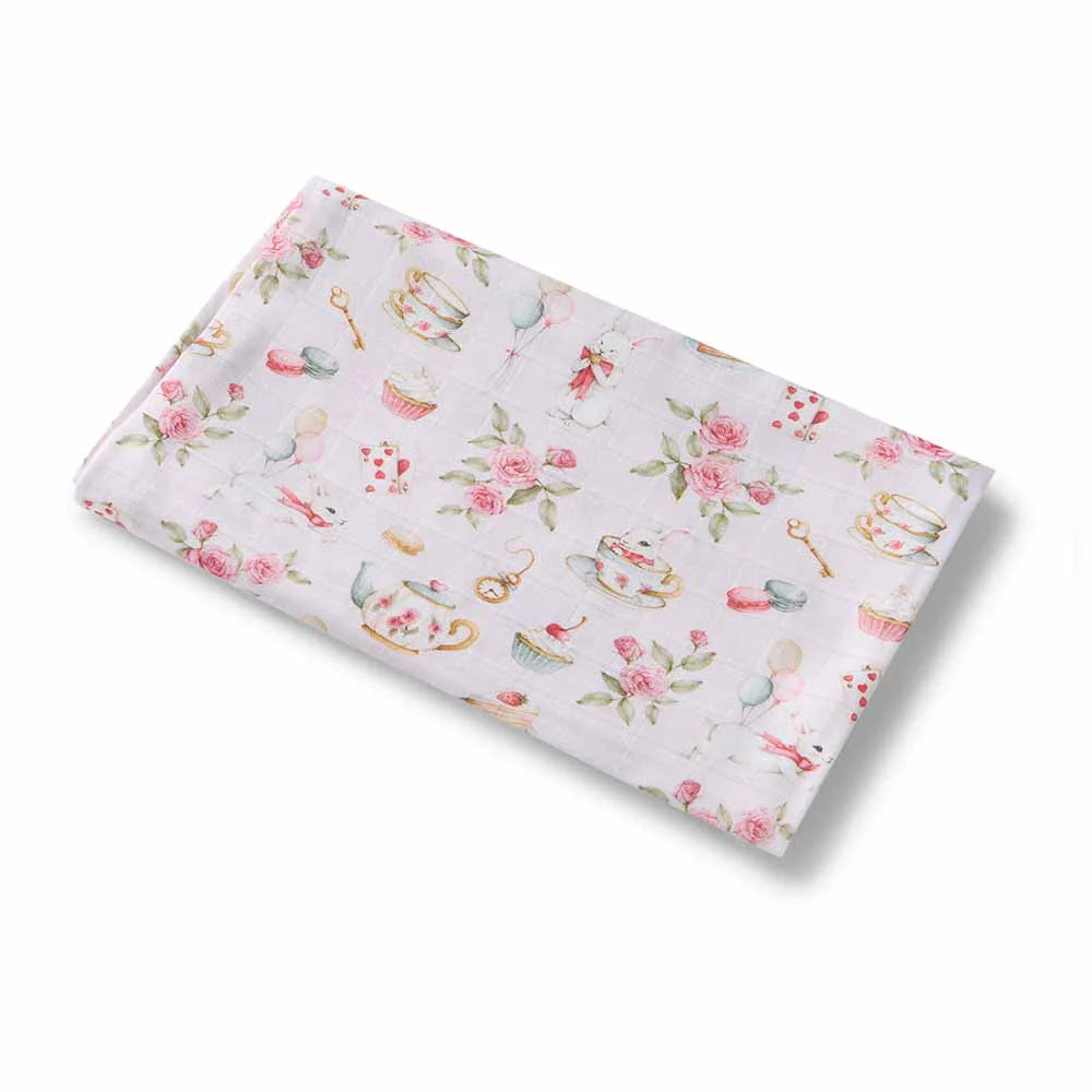 Floral and baby-themed swaddle on a white background