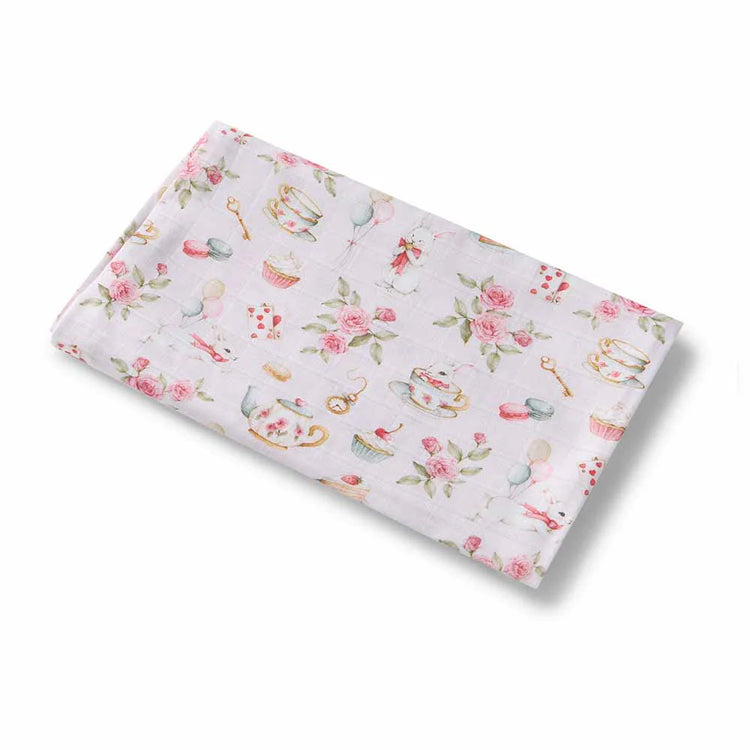 Floral and baby-themed swaddle on a white background