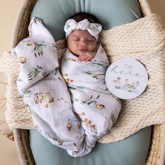 Newborn baby wrapped in a swaddle blanket with ducks on it and a 'I'm here' sign in a wicker basket.