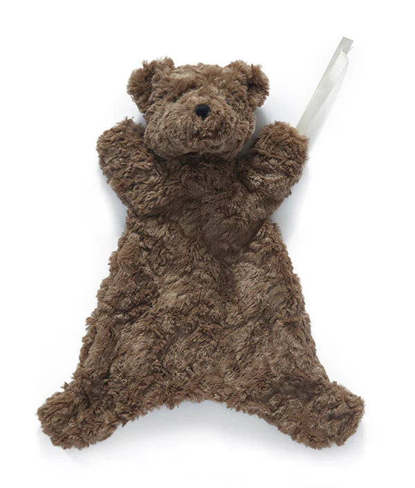 A brown plush bear toy with a hand-sized pocket, designed as a baby sleep aid with a dummy attachment.