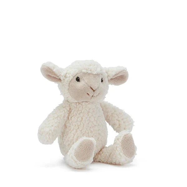 A white mini rattle shaped like a sheep / lamb with a soft fabric body.