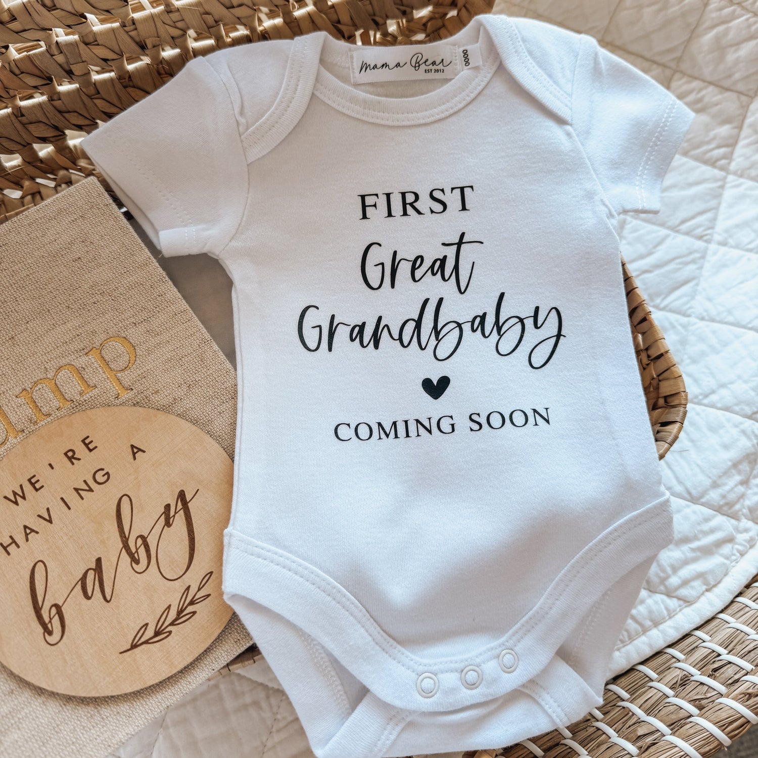 First great Grandbaby coming soon white onesie pregnancy announcement 