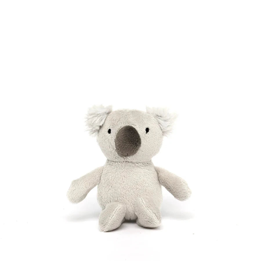 A soft gray koala rattle toy with a gentle face and a small bell attached to its belly.