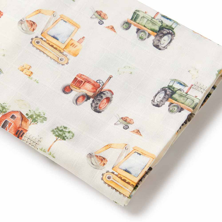 Baby Boy Muslin Wrap Swaddle | Tractors & Diggers