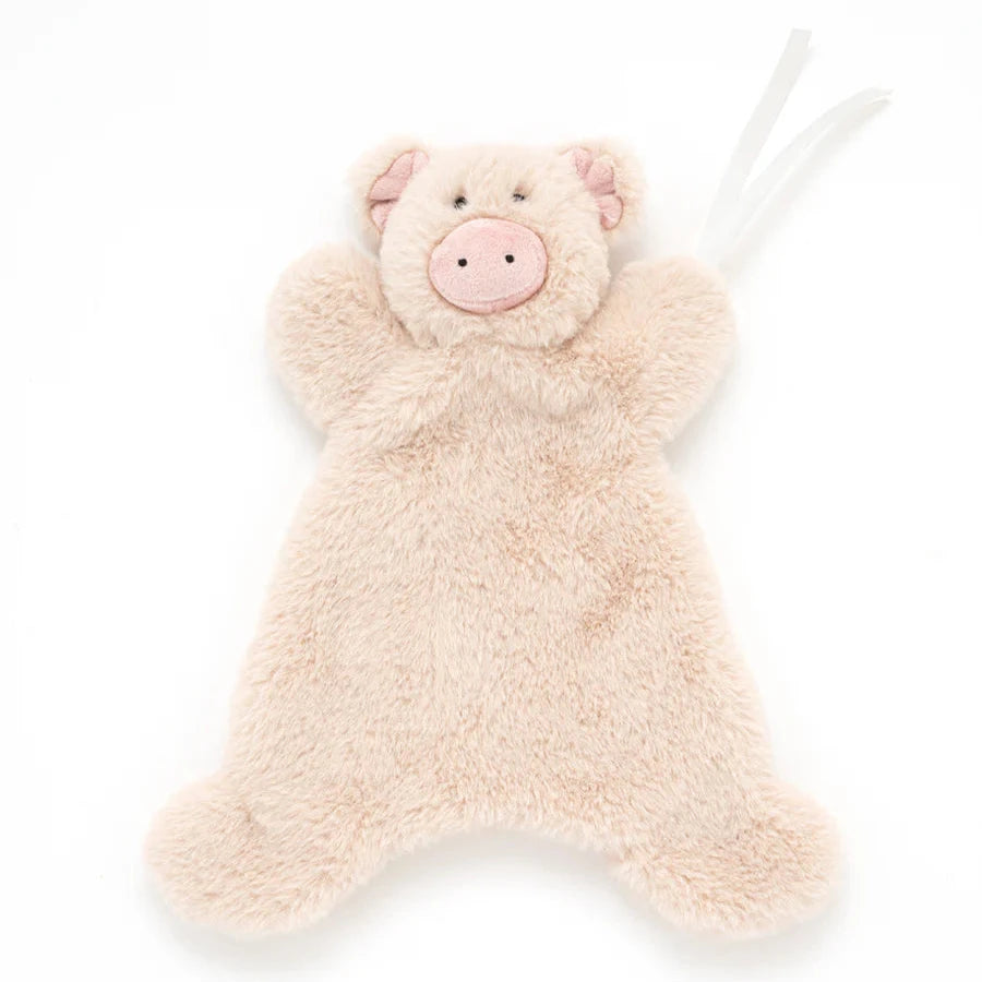 Flat lay on white background of a light pink pig baby comforter. Pig has soft fur.