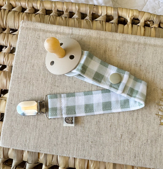 Handmade fabric sage green and white gingham dummy clip
