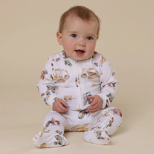 Baby Boy Zip Suit | Diggers & Tractors - Snuggle Hunny Sleepsuit Zip Footie
