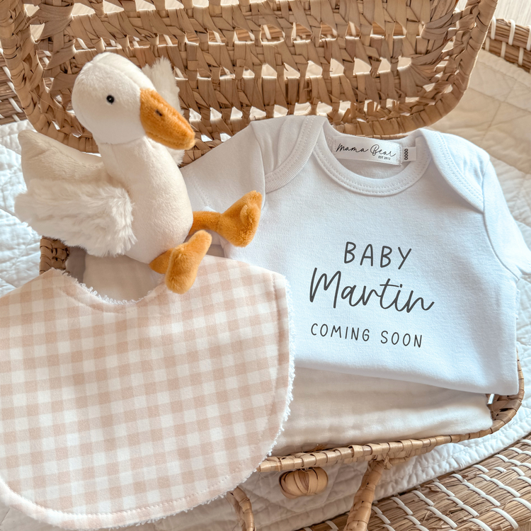 Social media pregnancy announcement flatly for friends and family. Featuring a baby toy goose, a handmade beige gingham check bib & a white personalised onesie that can have babies surname and due date e.g. Baby Martin coming soon in blank font.