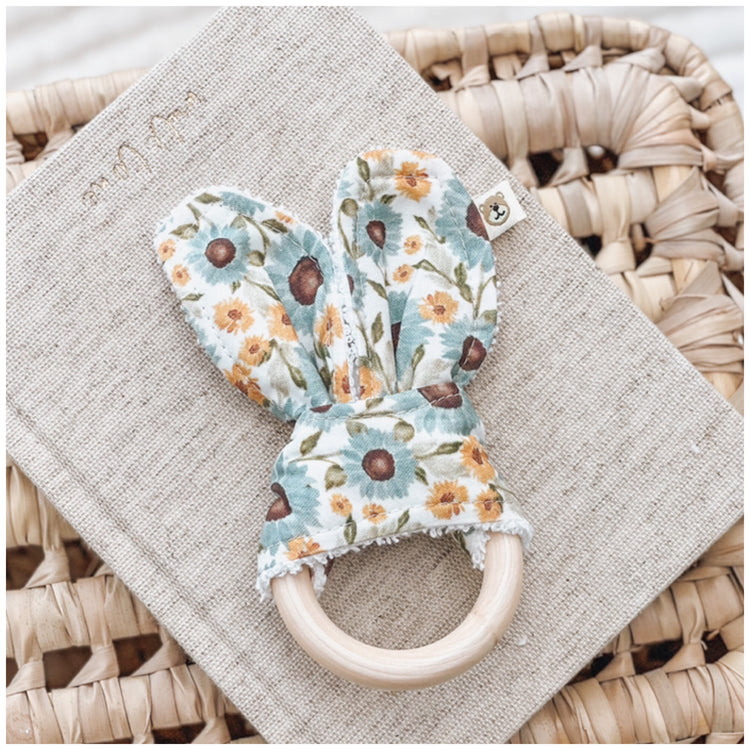 Natural wood & Bunny Ear Teething Ring - Sunflower Blue (Small)
