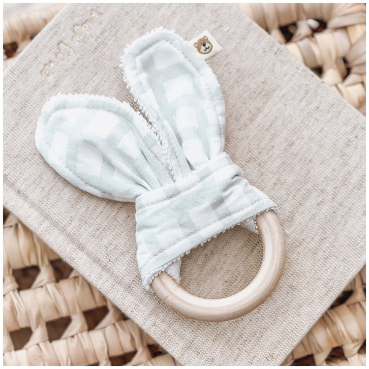 Natural wood & Bunny Ear Teething Ring - Spearmint Check