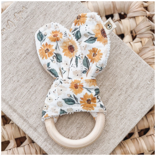 Natural wood & Bunny Ear Teething Ring - Lemon Sunflower