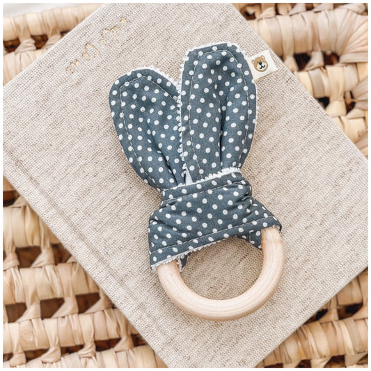 Natural wood & Bunny Ear Teething Ring - Grey Spot