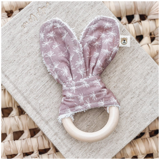 Natural wood & Bunny Ear Teething Ring - Micro Lilac Daisy