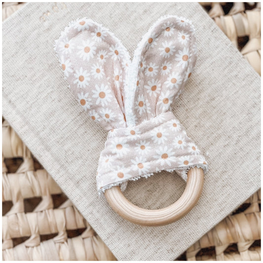 Natural wood & Bunny Ear Teething Ring - Mini Blush Daisy