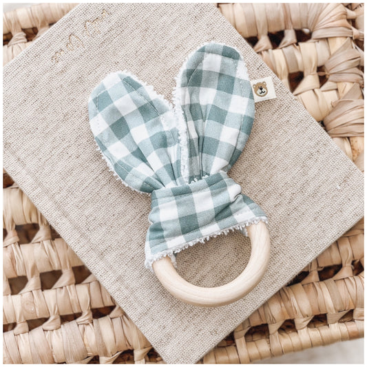 Natural wood & Bunny Ear Teething Ring - Blue Check