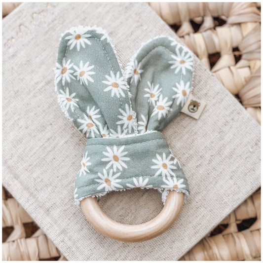 Natural wood & Bunny Ear Teething Ring - Mini Sage Daisy