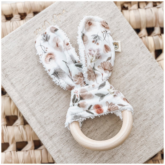 Natural wood & Bunny Ear Teething Ring - Floral Woodland