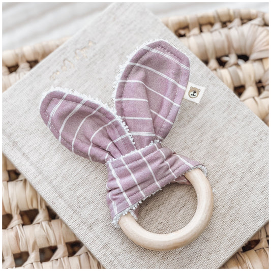 Natural wood & Bunny Ear Teething Ring - Lilac Stripe