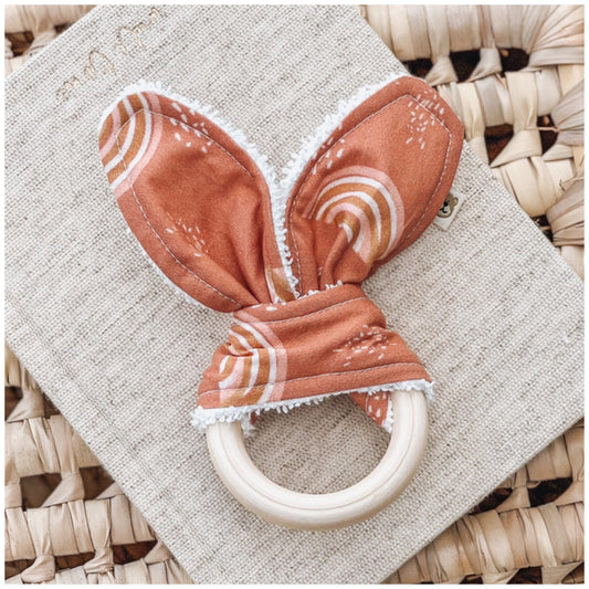 Natural wood & Bunny Ear Teething Ring - Rust Rainbow