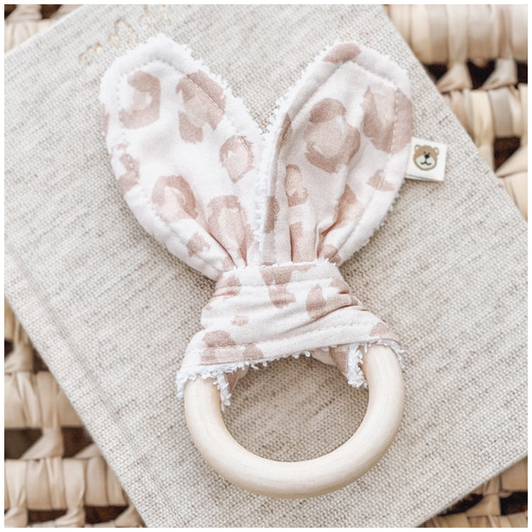 Natural wood & Bunny Ear Teething Ring - Pastel Leopard