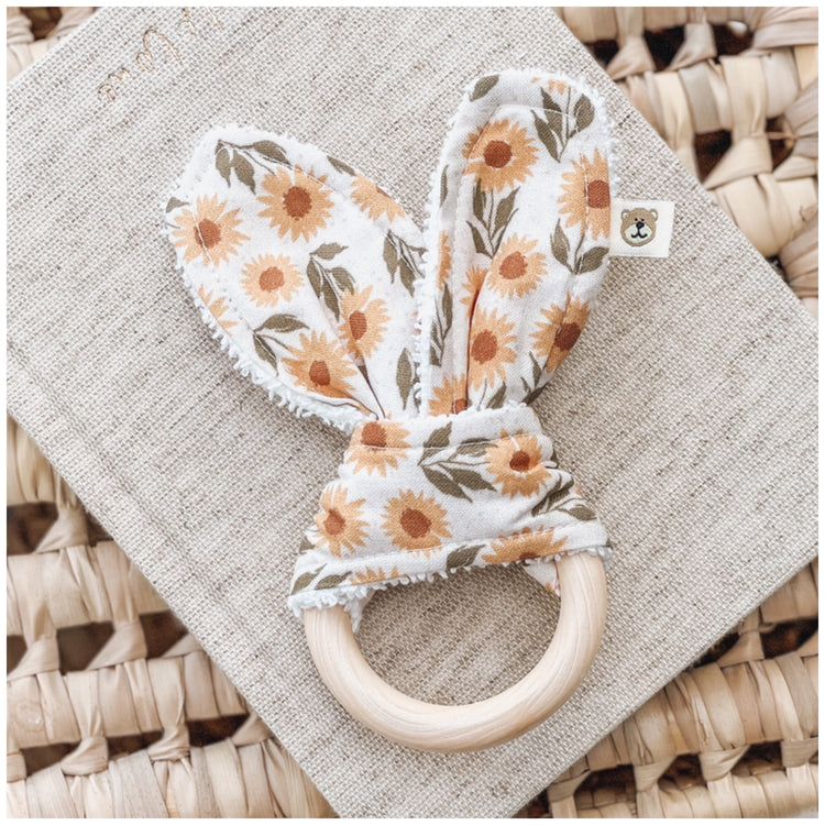 Natural wood & Bunny Ear Teething Ring - Pastel Sunflower