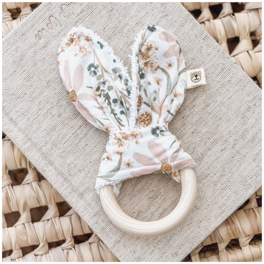 Natural wood & Bunny Ear Teething Ring - Pastel Meadow