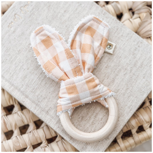 Natural wood & Bunny Ear Teething Ring - Golden Hour