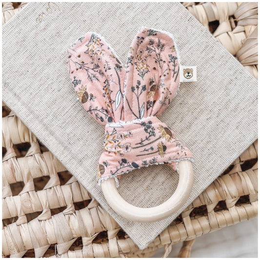 Natural wood & Bunny Ear Teething Ring - Blush Bee