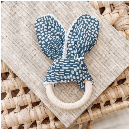 Natural wood & Bunny Ear Teething Ring - Blue Sprinkle