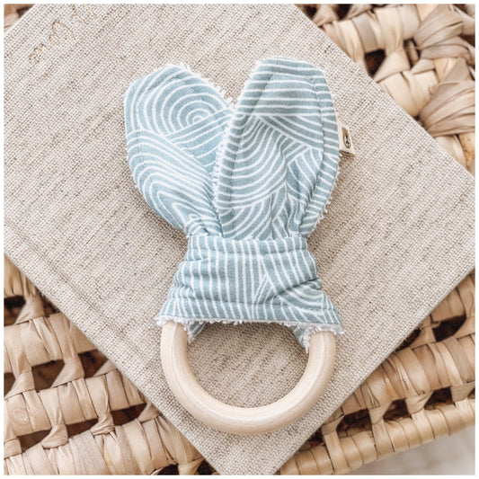 Natural wood & Bunny Ear Teething Ring - Blue Waves