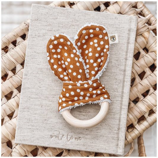 Natural wood & Bunny Ear Teething Ring - Mustard Spot