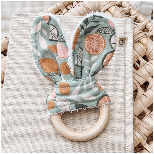 Natural wood & Bunny Ear Teething Ring - Oranges & Lemons