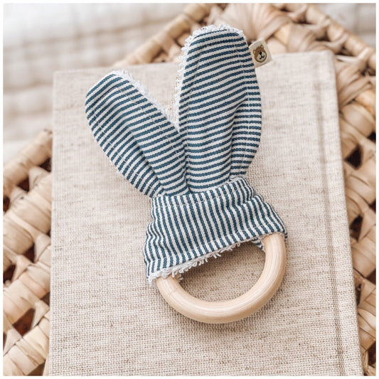 Natural wood & Bunny Ear Teething Ring - Navy Stripe