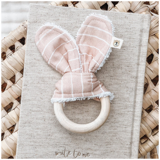 Natural wood & Bunny Ear Teething Ring - Nude Stripe