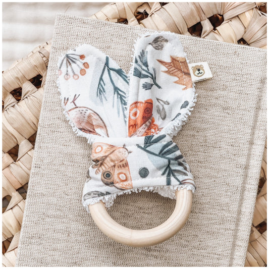 Natural wood & Bunny Ear Teething Ring - Winter Garden