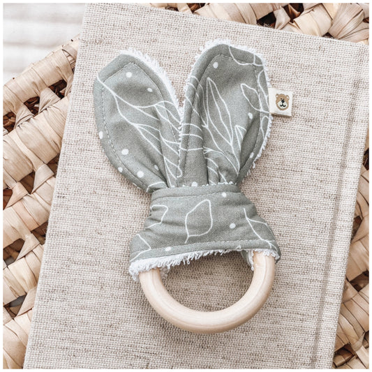 Natural wood & Bunny Ear Teething Ring - Sage Leaf