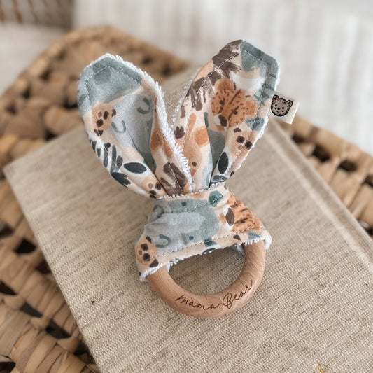 Natural wood & Bunny Ear Teething Ring - Jungle Friends